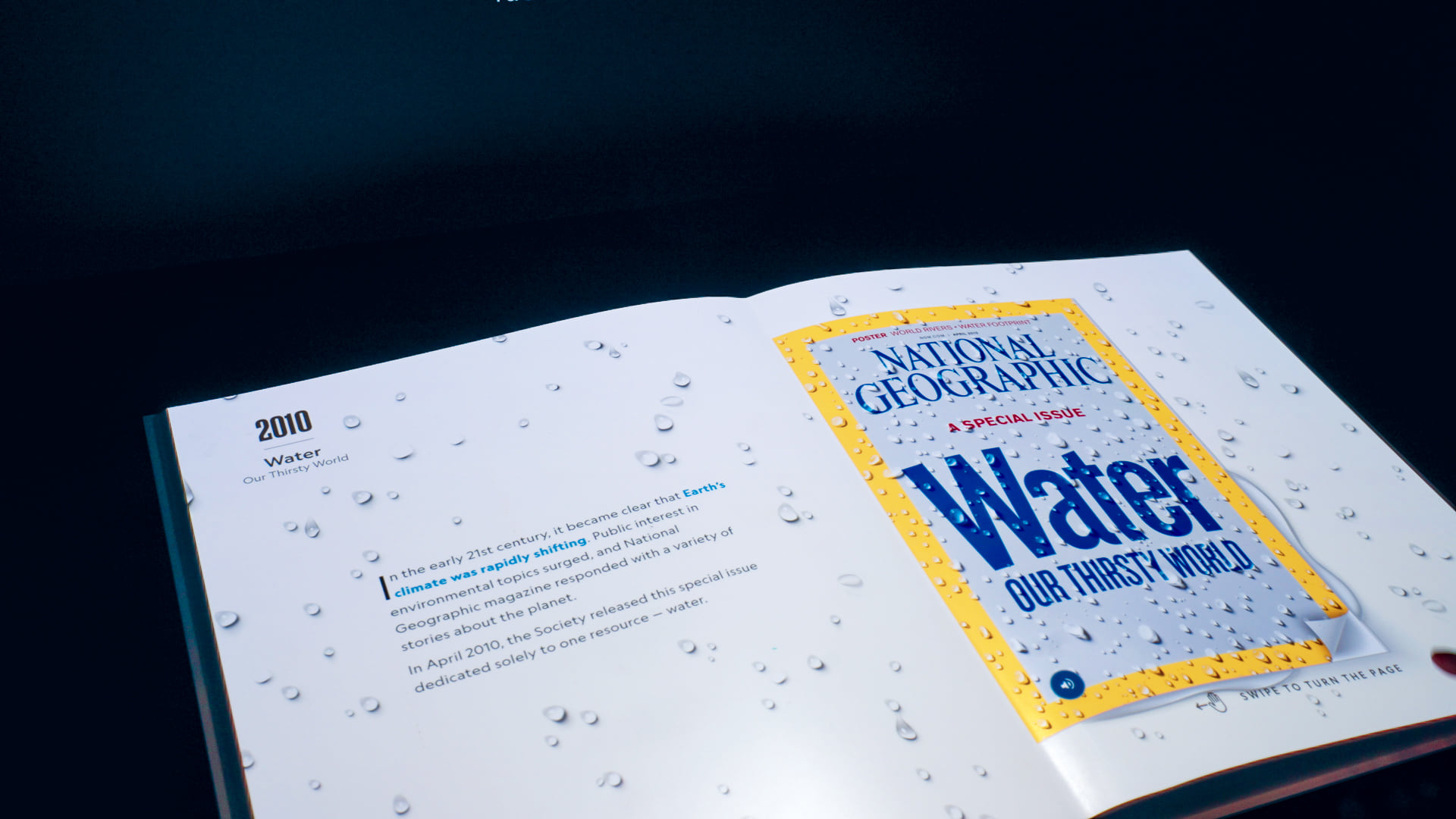 National Geographic's Water issue projected onto an open book form